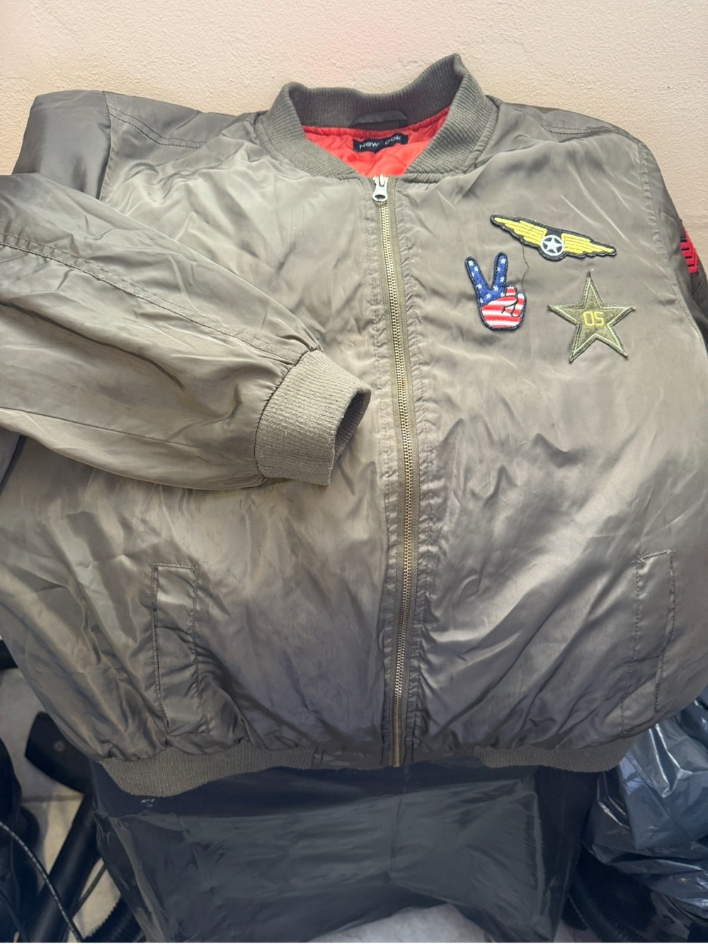 New Look Olive Green Bomber Jacket with Patch Accents